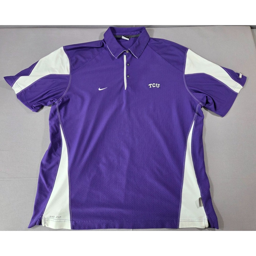 Nike TCU Shirt Mens 2 Extra Large Purple White Horned Frog NCAA Performance Polo